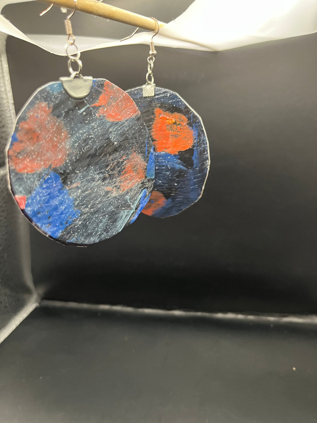 Abstract Galaxy Statement Earrings — Hand-Painted Round Drops in Navy, Orange & Blue