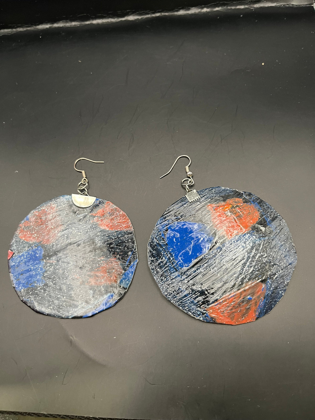 Abstract Galaxy Statement Earrings — Hand-Painted Round Drops in Navy, Orange & Blue