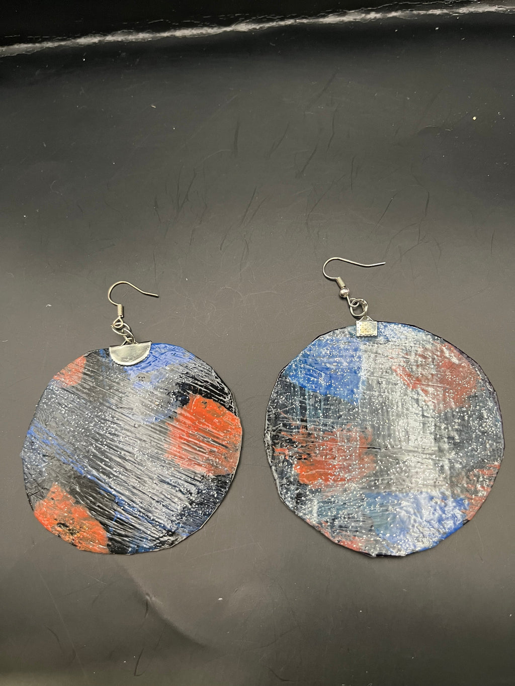 Abstract Galaxy Statement Earrings — Hand-Painted Round Drops in Navy, Orange & Blue