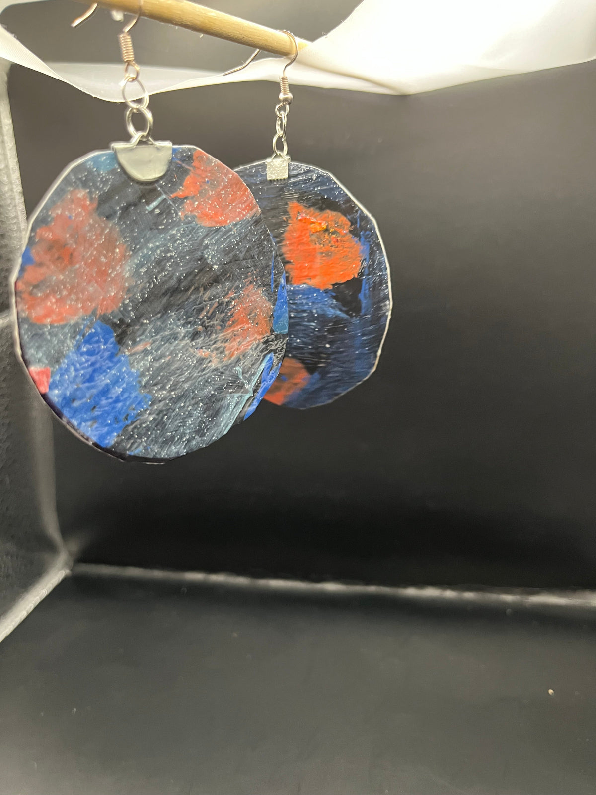 Abstract Galaxy Statement Earrings — Hand-Painted Round Drops in Navy, Orange & Blue