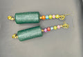 PEACE Cork Earrings - black glitter cork barrel with PEACE letter cube charms